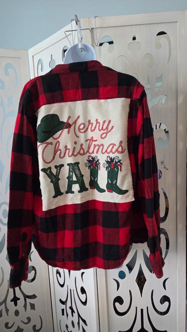 Upcycled Old Navy Flannel Med Merry Christmas Y'All Western Cowboy Buffalo Plaid
